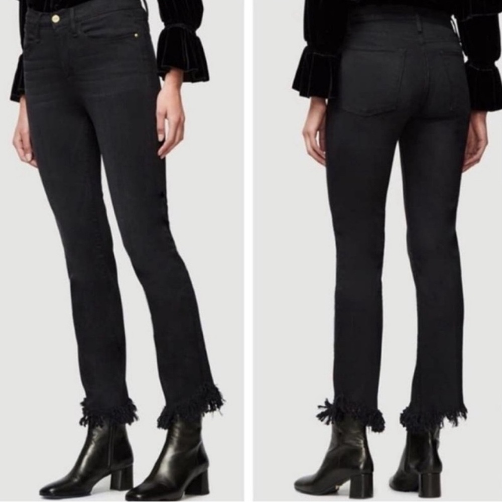 Frame Black Le High Straight Fringe Hem Cropped Jeans 27